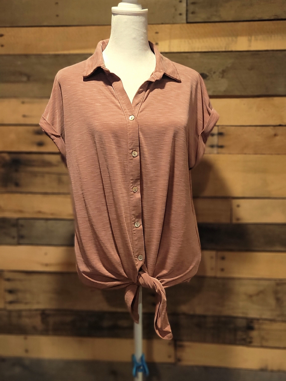 Green Envelope Mauve Pink Tie-Front Button Shirt